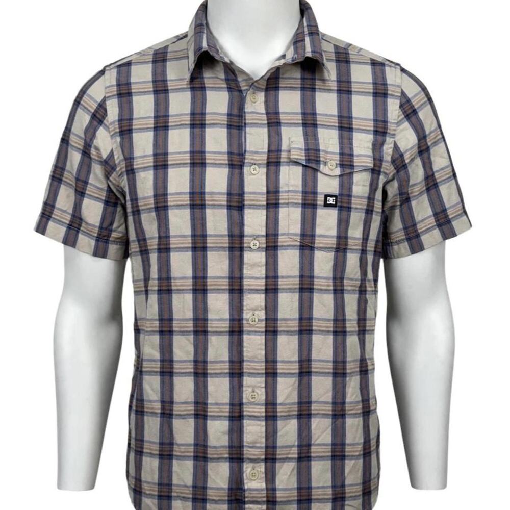 DC Shoes Mens Short Sleeve Plaid Button-Up Shirt - Beige / Blue / Brown - Size S